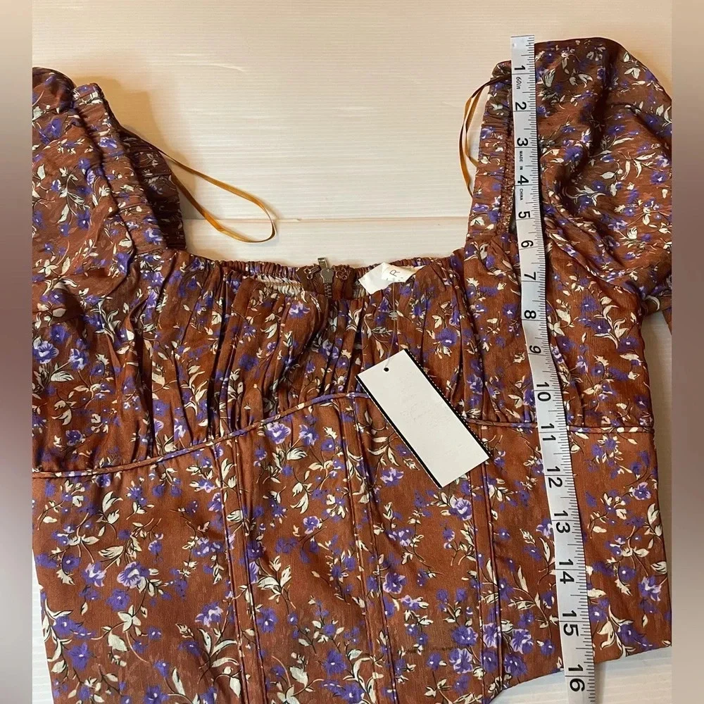 ASTR The Label Penny Floral Puff Sleeve Brown Purple Top Size S
